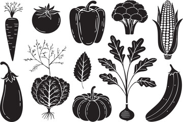 Vegetable silhouette set featuring carrot, tomato, onion, broccoli, pepper, and pumpkin, perfect for food, farming, and market themes, bold black vector shapes on white background, ideal for posters, 