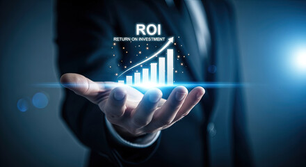 Businessman Holding ROI Growth Chart: Return on Investment Concept for Financial Success, Business Strategy, and Positive Performance in Finance Sector