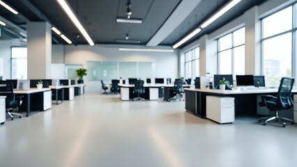 Blurred background of a modern, empty open-plan office space.