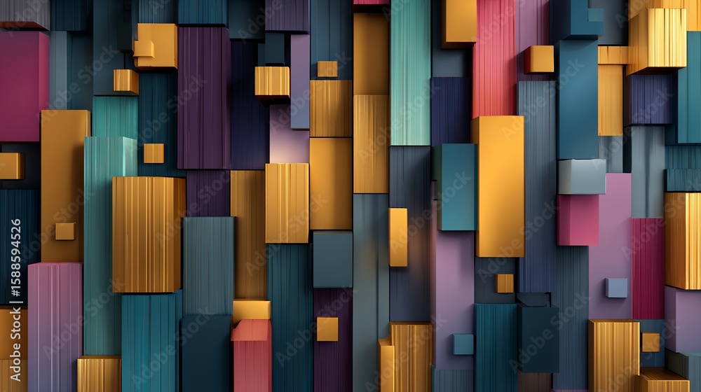 Poster Dynamic 3D blocks in vibrant hues creating an intriguing geometric and modern abstract background with an artful and visually appealing arrangement.