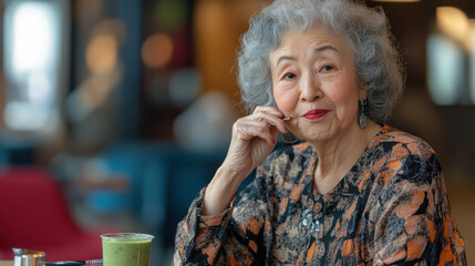 Elderly Senior Woman Embracing Beauty Rituals in a Modern Nursing Home with Makeup Tools and Healthy Smoothie on Table