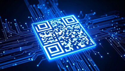 Glowing blue QR code with circuit lines radiating outward on a tech-inspired background