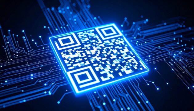 Glowing blue QR code with circuit lines radiating outward on a tech-inspired background