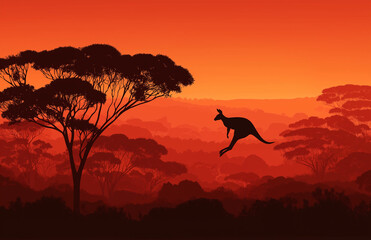 Obraz premium A kangaroo leaping against the backdrop of an African sunset, silhouetted by acacia trees.