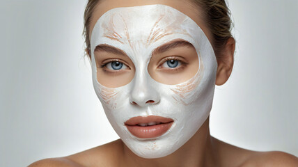An attractive woman with smooth, radiant skin having her face covered with rich, creamy lotion, treatment, spa, saloon, white background, skincare, beauty and wellness.