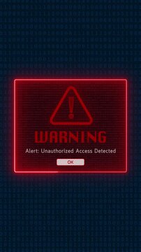 Vertical glitch animation of a warning alert for unauthorized access, displayed over a dark blue binary background. Ideal for cybersecurity, data breach, or system warning concepts.