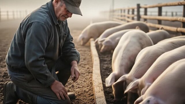 Farmer Kneeling, Observing Pigs Feeding at Dawn