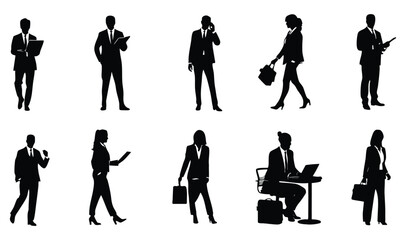 Business women silhouette set featuring standing, walking, presenting, and working poses, perfect for corporate, office, and professional themes, bold black vector shapes on white background, ideal fo