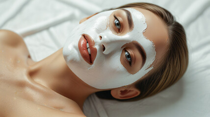 An attractive woman with smooth, radiant skin having her face covered with rich, creamy lotion, treatment, spa, saloon, white background, skincare, beauty and wellness.