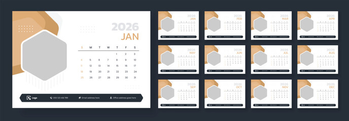 Minimalist desk calendar 2026 template. Calendar 2026 planner corporate template design set. Week starts on Sunday.