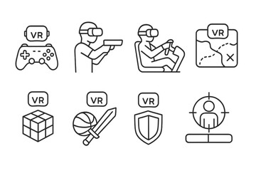 Fototapeta premium Vr gaming linear icon set. immersive virtual reality symbols in line style