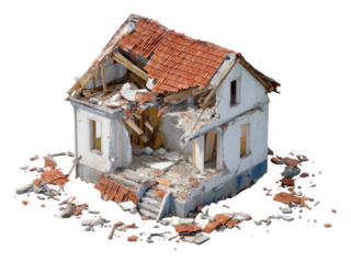 Abandoned House Ruin with Broken Walls and Debris