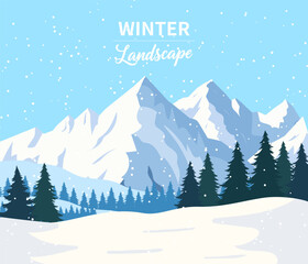 Winter snowy mountains vector illustration, primeval forest nature landscape adventure illustration with snowy mountains, frozen peaks, cedar winter beauty