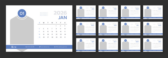 Desk calendar design for 2026 year, Corporate and business calendar, 12 page desk calendar design, The week starts on Sunday.