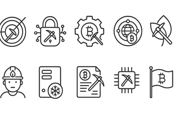 Cryptocurrency mining linear icon set. blockchain, bitcoin, digital currency symbols