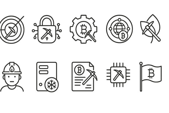 Cryptocurrency mining linear icon set. blockchain, bitcoin, digital currency symbols