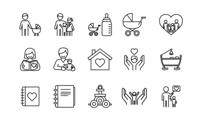 A collection of line art icons depicting family life, parenthood, and childcare.