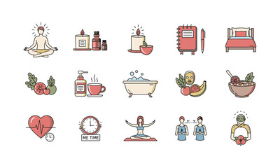 A collection of illustrated icons depicting wellness, relaxation, and self-care activities.