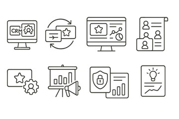 Business and marketing icon set. essential work tools linear collection