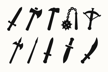 Medieval weapons silhouette icon set. historical, warfare silhouette collection