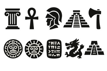 Ancient history silhouette icon set. artifacts, symbols iconic silhouette collection