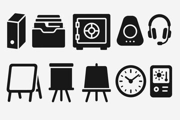 Office essentials silhouette icon set. folder, safe, clock, headset, easel icons
