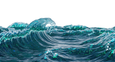 Ocean waves cresting with vibrant turquoise and blue tones, isolated on transparent bg, cutout png