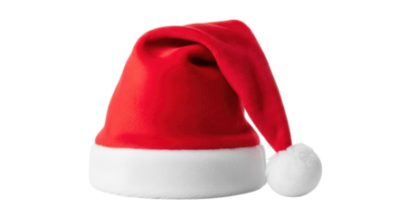 Classic red Santa hat with fluffy white trim and pom-pom isolated on transparent bg, cutout png