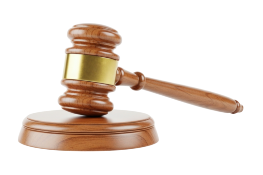 Wooden gavel used in courtroom hearings isolated on transparent bg, cutout png - Powered by Adobe