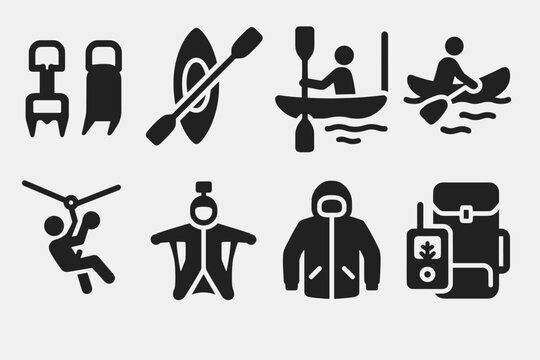 Outdoor adventure silhouette icon set: camping, kayaking, hiking, and more
