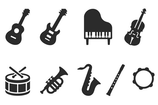 Musical instruments solid icon set. guitar, piano, drum, saxophone icons collection