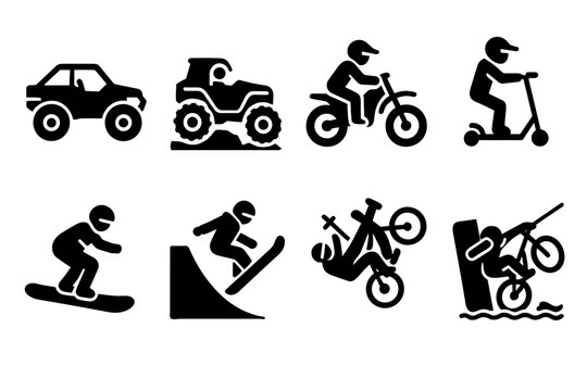 Adventure sports silhouette icon set. motorbike, skateboard, scooter action silhouettes