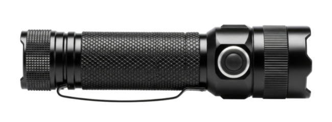 High-quality tactical flashlight with textured grip and durable body, isolated on transparent bg, cutout png