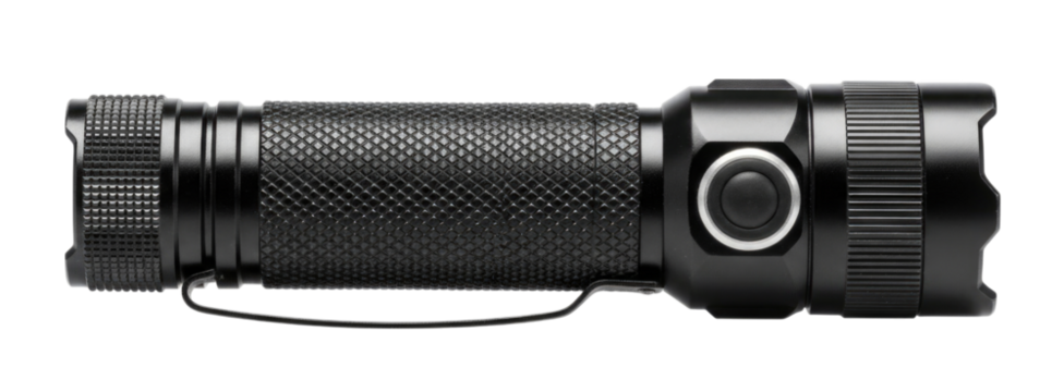 High-quality tactical flashlight with textured grip and durable body, isolated on transparent bg, cutout png
