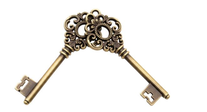 Ornate antique keys with intricate floral design isolated on transparent bg, cutout png