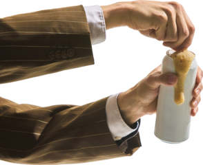 Bold beverage. Man's hands in striped business suit opening soda can with thick foam overflowing, transparent background. Mockup for ad. Concept of stress buildup, caffeine overload, office routine.