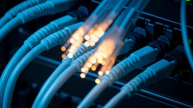 Fiber Optic Cables Transmitting Data in a Server Room, High-Speed Network Connection