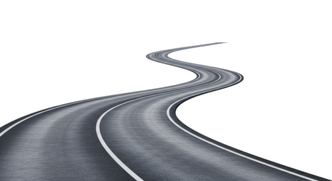 Winding asphalt road disappearing into the distance isolated on transparent bg, cutout png