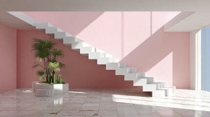 Obraz premium Soft Pink Room with White Stairs and Shadowy Sunlight.
