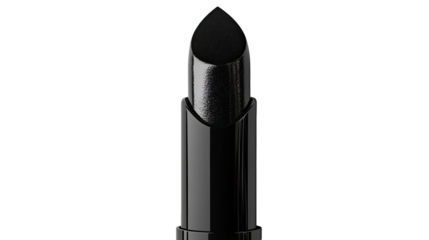 A glossy black lipstick print with subtle highlight on white background