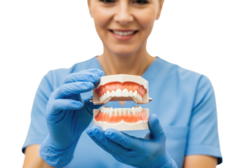 Dentist demonstrating dental model with healthy teeth and gums in professional setting isolated on transparent bg, cutout png
