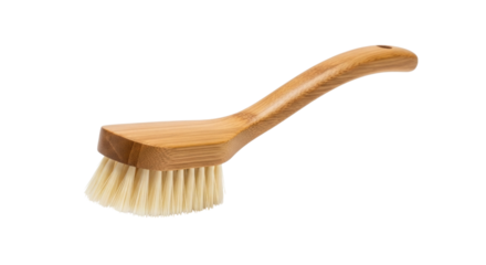 Bamboo cleaning brush with natural bristles isolated on transparent bg, cutout png