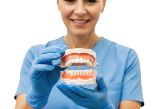 Dentist demonstrating dental model with healthy teeth and gums in professional setting isolated on transparent bg, cutout png - Powered by Adobe