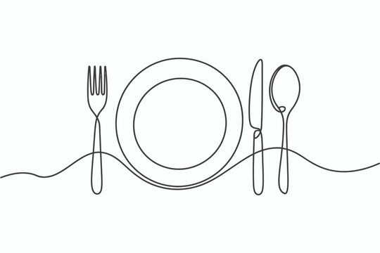 Minimalist single line drawing of a plate fork knife and spoon isolated on white background