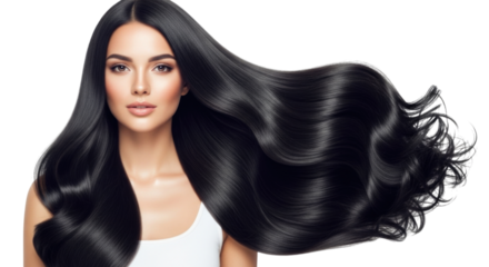 Stunning model with long, glossy black hair flowing gracefully against a white background isolated on transparent bg, cutout png