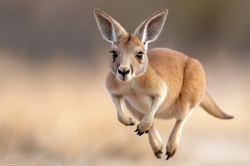 Kangaroo in motion in the Australian outback wildlife reserve with native flora and fauna
