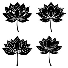 Obraz premium Four black and white lotus flower illustrations with varying petal arrangements and stem designs shown