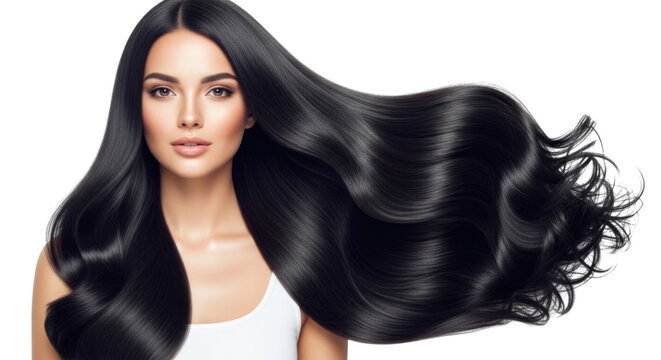 Stunning model with long, glossy black hair flowing gracefully against a white background isolated on transparent bg, cutout png