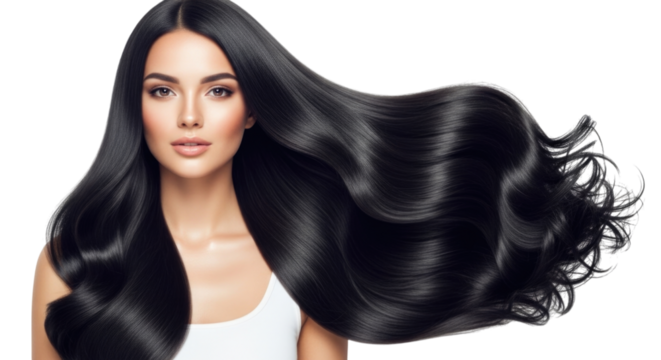 Stunning model with long, glossy black hair flowing gracefully against a white background isolated on transparent bg, cutout png