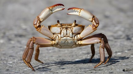 Fototapeta premium A crab stands defiantly on the sandy shore, its claws raised in a display of strength and resilience